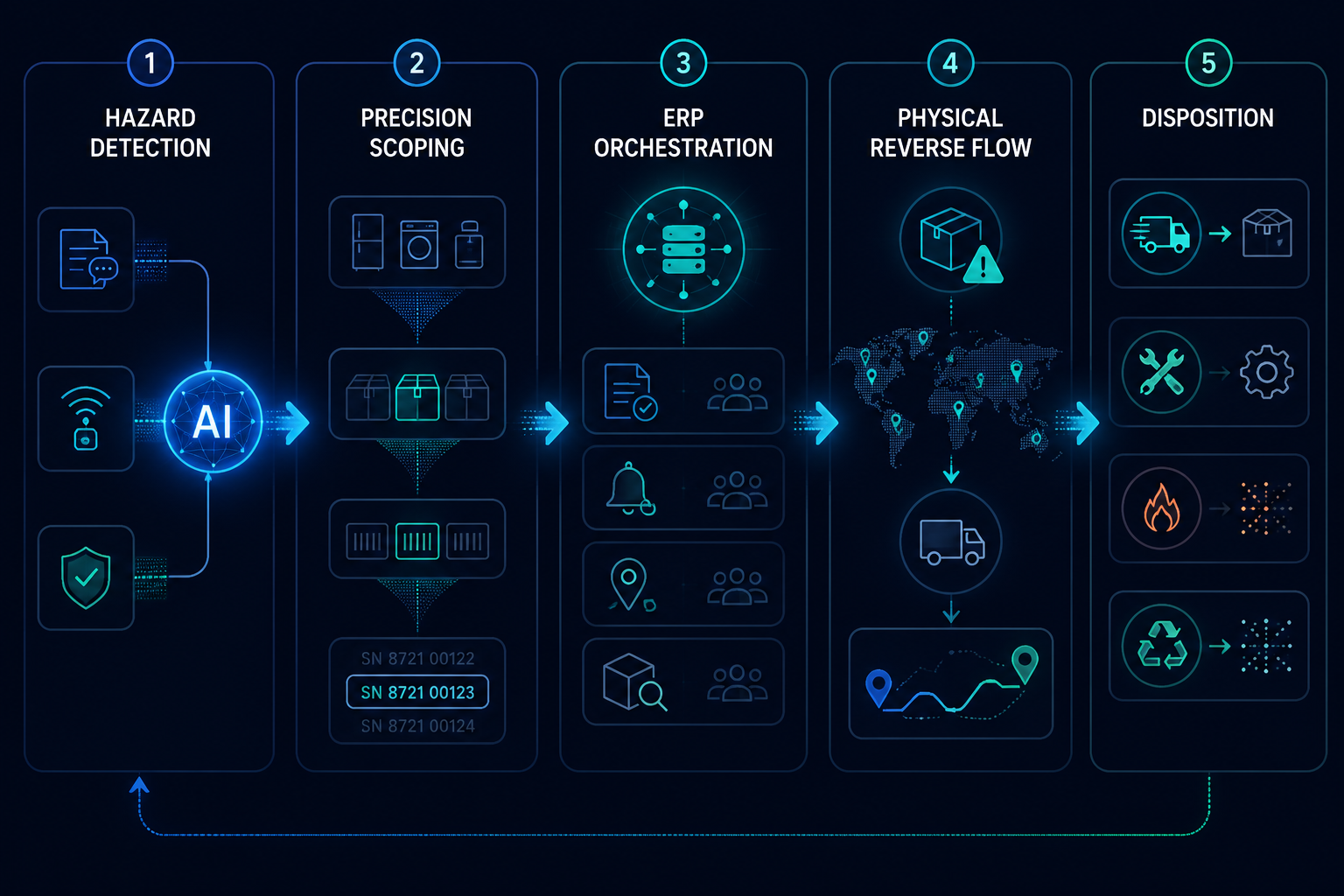 Five-stage AI-driven recall logistics lifecycle from hazard detection to precision scoping, ERP actions, reverse-flow routing, and disposition
