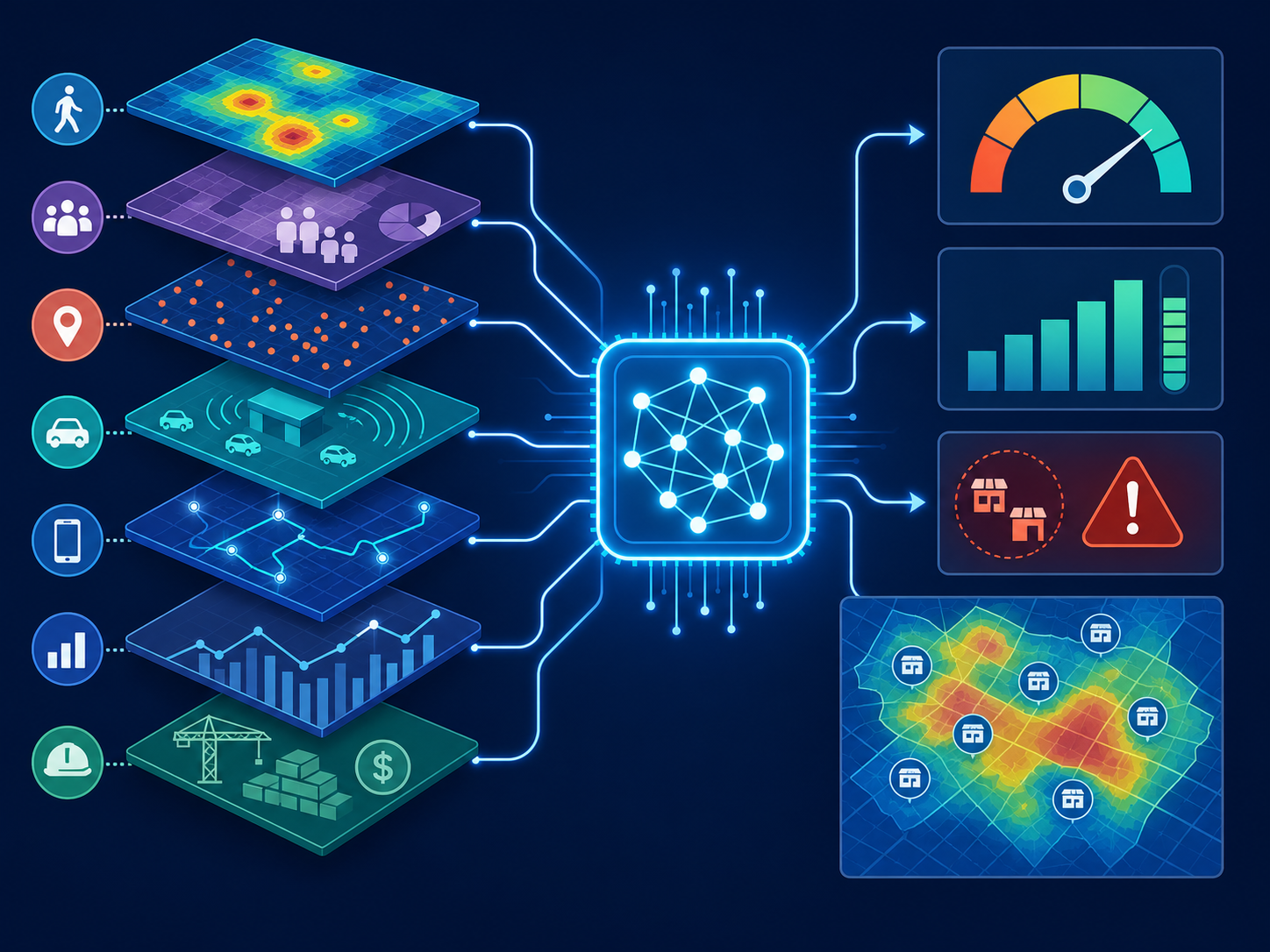 Data pipeline from foot traffic, demographics, competitor density, and drive-thru demand into site scoring and profitability outputs.