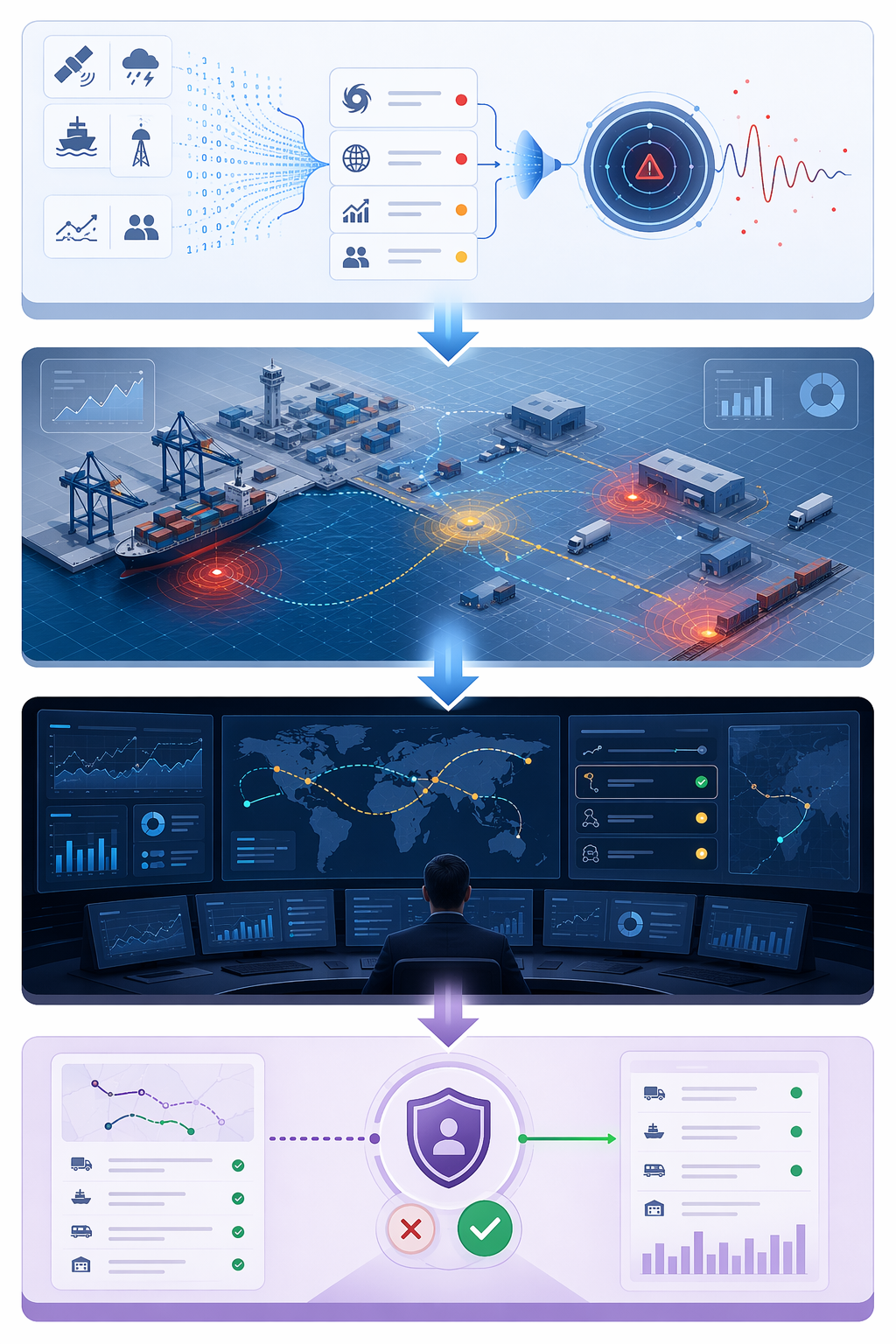 Four-layer AI disruption planning architecture from risk feeds to human approval