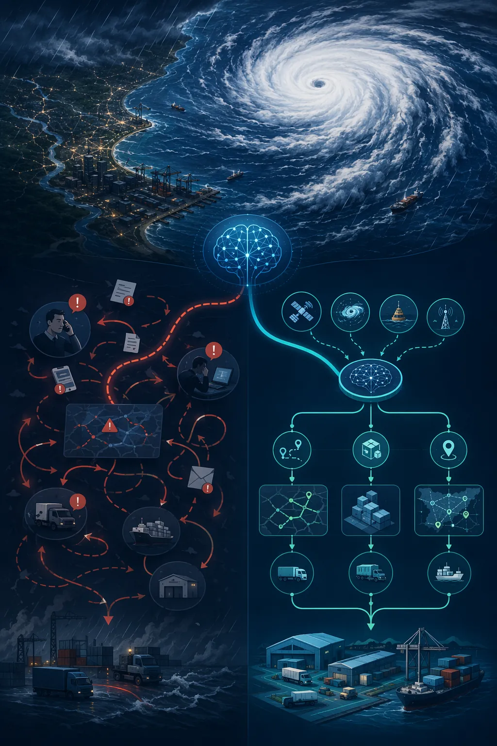 Illustration of a hurricane approaching a coastline and splitting into chaotic manual escalation versus organized AI-driven rerouting and prepositioning workflows