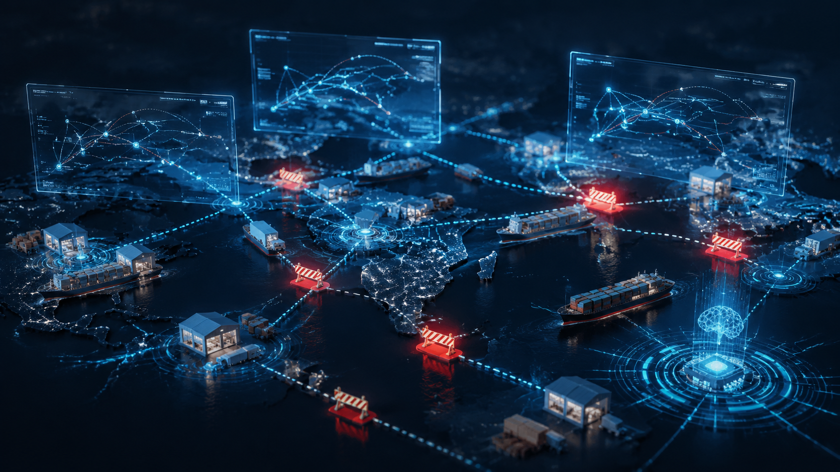 Stylized global supply chain network with AI what-if simulation panels and tariff barriers
